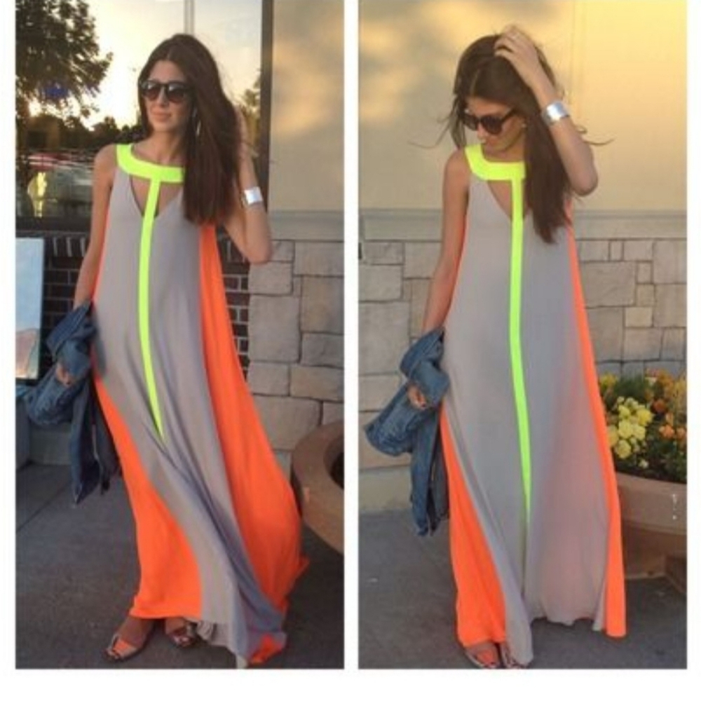 BCBGMaxAzria Green and Orange Halter Sundress